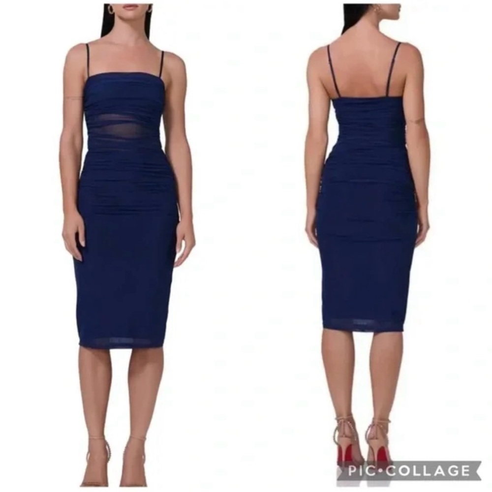 AFRM Miranda Ruched Mesh Midi Dress Blue XL NWT Wedding Guest Bodycon